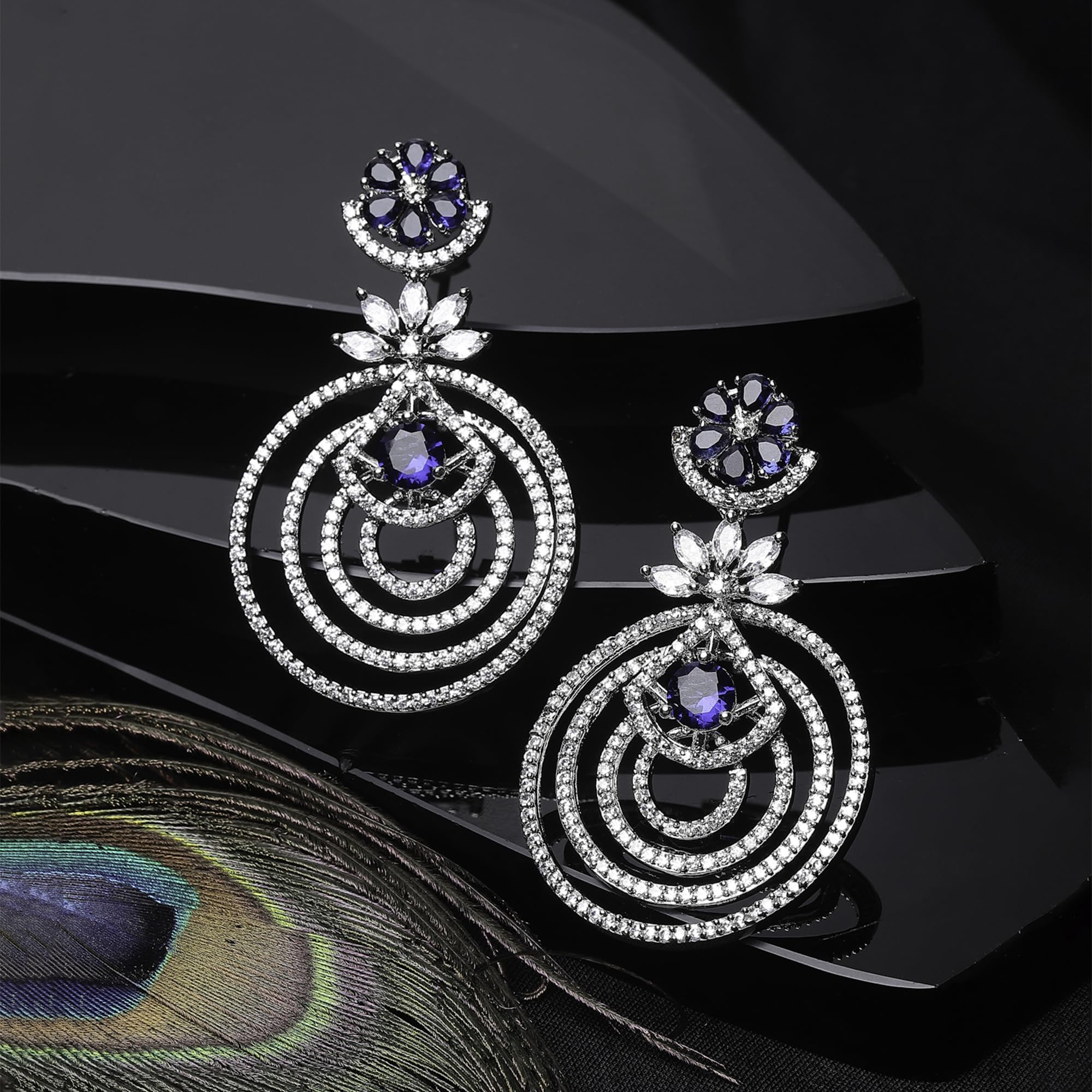 American Diamond Floral Layered Drop Earrings